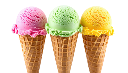 Three ice cream cones; pink, green, & yellow delicious desserts