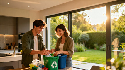 Young couple sorting recycling waste in kitchen with large windows