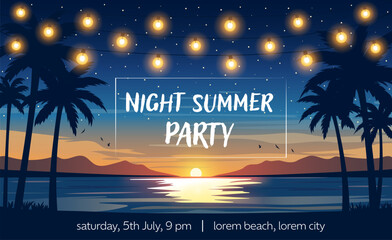 Tropical night beach with glowing string lights, palm trees, and sunset over the ocean. Relaxing gorizontal summer evening vector illustration for summer party poster, flyer, invitation