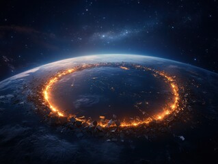 Obraz premium View of Earth surrounded by a glowing ring of debris from an apocalyptic event in space