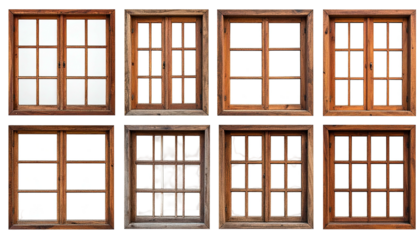 Eight windows with light wood frames and multiple glass panes