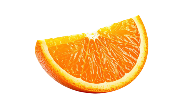 Sliced, vibrant orange wedge reveals juicy inner segments