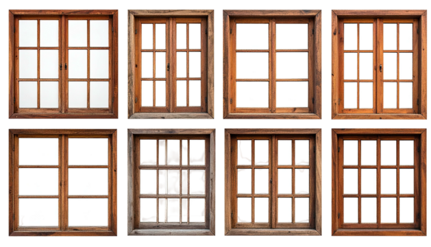 Eight windows with light wood frames and multiple glass panes