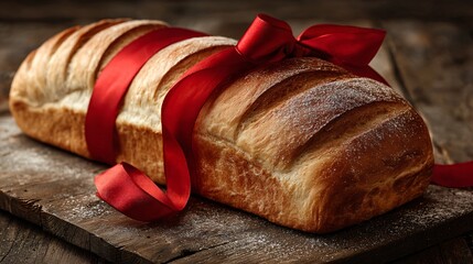 A loaf with festive ribbon around, copy space for holiday greeting