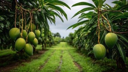 Mango Trees Bear Fruit in Lush Orchard Under Gray Sky, Showcasing the Beauty of Natures Harvest Season