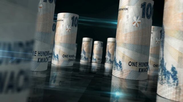 Zambia kwacha Zambian money rolls loop 3d. Money on table. Seamless and loopable abstract concept of economy, finance and business. Camera between 100 ZMW rolled banknotes.