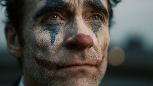 The Joker's Reflection: A close-up portrait of a man, with clown makeup, staring with a haunting gaze, hinting at both the performance and the inner turmoil beneath the surface. 