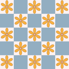 Groovy retro geometric composition with orange flowers arranged in a checkerboard pattern on blue and beige background. Mid-century modern aesthetic.