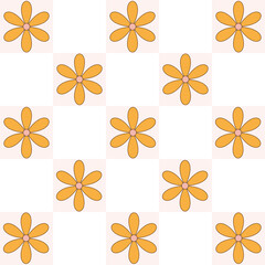 Groovy retro geometric composition with orange flowers arranged in a checkerboard pattern on pink and beige background. Mid-century modern aesthetic.