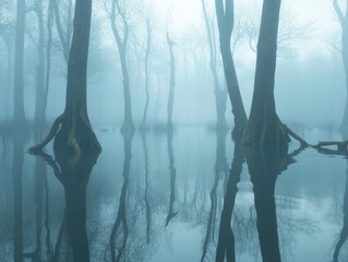 Naklejka premium Misty forest with still water reflecting bare trees on a foggy morning in a serene natural setting