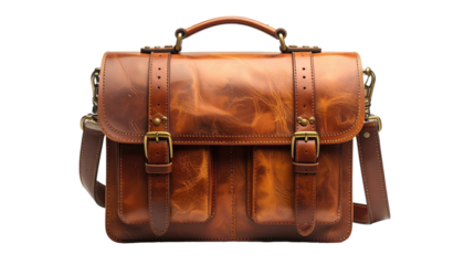 Brown leather messenger bag, straps and brass buckles present