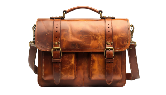 Brown leather messenger bag, straps and brass buckles present