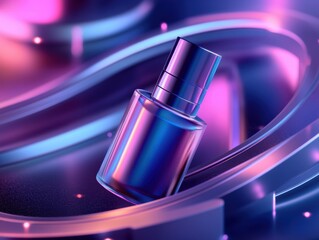 Colorful glass bottle with shiny surface against a vibrant abstract background