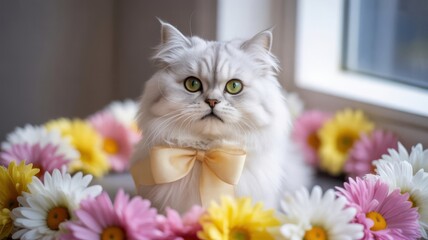 Adorable fluffy white cat wearing a bow surrounded by colorful flowers