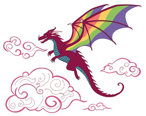 Flying dragon silhouette with smoke and clouds vector illustration isolated on white background