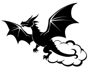 Flying dragon silhouette with smoke and clouds vector illustration isolated on white background