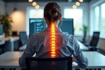 Effects of Bad Posture and Back Pain: An Illustration of a Woman at Her Desk with a Visible Outline of Her Spine and Muscles