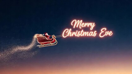 Merry christmas eve text with santa claus flying in sleigh on starry night sky - Powered by Adobe