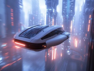 Flying vehicle gliding through a futuristic cityscape with neon lights and tall buildings