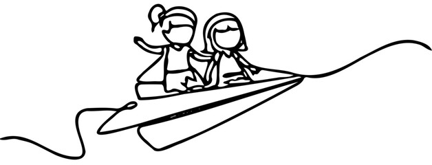 continuous one line drawing of two happy little girls flying together on a paper airplane