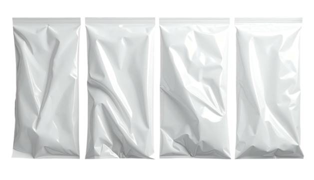 Four vertical white foil pouches, crumpled, isolated on black