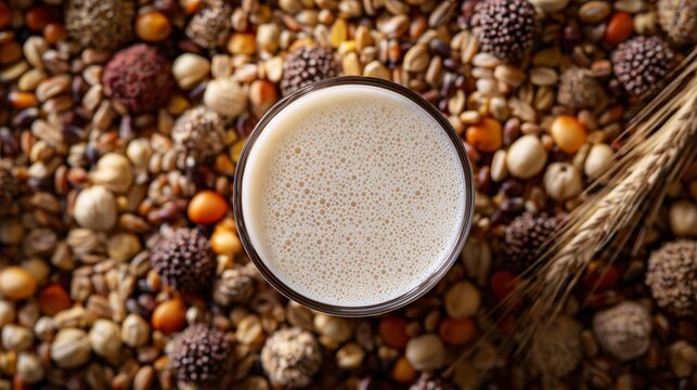 A glass of milk surrounded by cereal grains, top view - Powered by Adobe