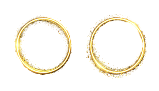 Two gold sparkling rings on black, circular, glowing effects