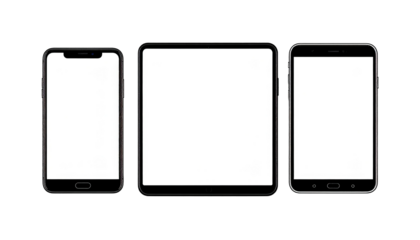 Three devices with blank screens, centered on a black background