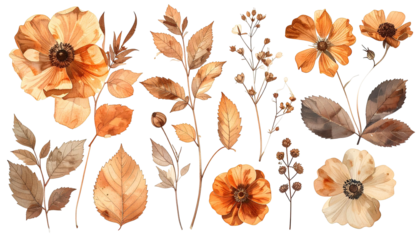Sepia watercolor flowers, leaves, and stems on black background
