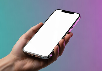 Person holding a modern smartphone with a blank white screen for mockup design