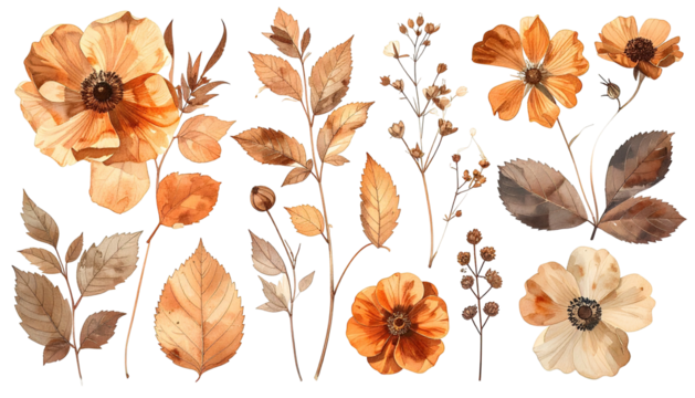 Sepia watercolor flowers, leaves, and stems on black background