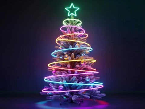 Christmas tree decorated with glowing neon lights in rainbow colors, spiraling around the tree, and topped with a bright neon star, set against a dark background.