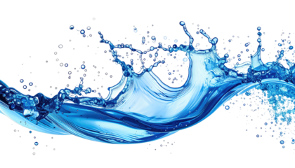 Blue wave splashing, glistening droplets against a black backdrop