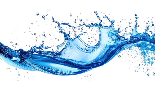 Blue wave splashing, glistening droplets against a black backdrop