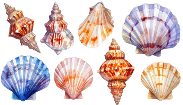 Eight diverse watercolor seashells arranged on a dark background