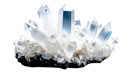 Cluster of translucent quartz crystals on dark base