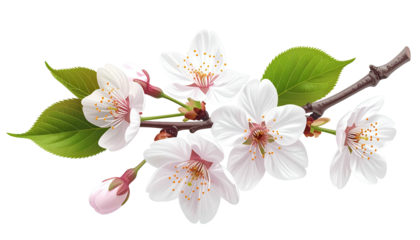 Branch with white blossoms, buds, and green leaves, natural look