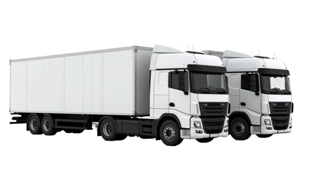 Two white semi-trucks parked against a black background