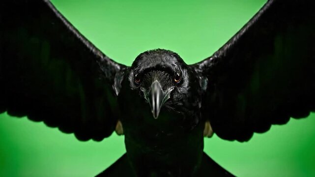 Ai generated raven spreading wings on green screen background for halloween mystery and cinematic compositing. Raven with wings spread on green. Black bird close up on green​
