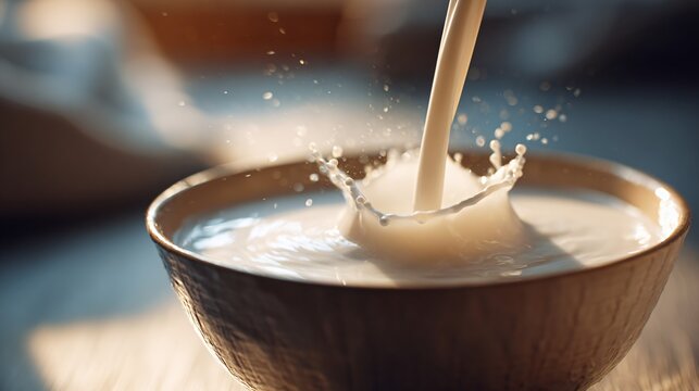 A milk poured into bowl with soft light reflections
