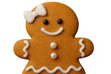 Gingerbread woman cookie with white icing bow and buttons, smiling for christmas holiday celebration on transparent background