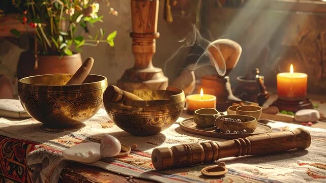 Serene Still Life: Meditation Tools, Candles, and Incense