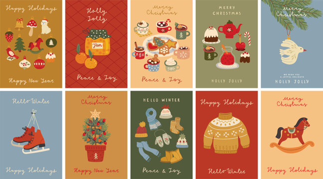 Christmas  card set - Holidays flyers. Christmas prints, Lettering with Christmas and New Year decorative elements. Vector illustration.