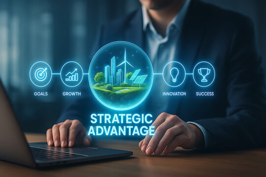 Strategic advantage concept with business icons showing goals, growth, innovation, and success, visualized on a digital interface - Powered by Adobe