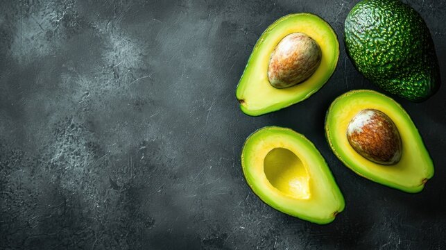 Fresh green avocados on dark marble background showcasing sliced halves and whole fruit with pit visible