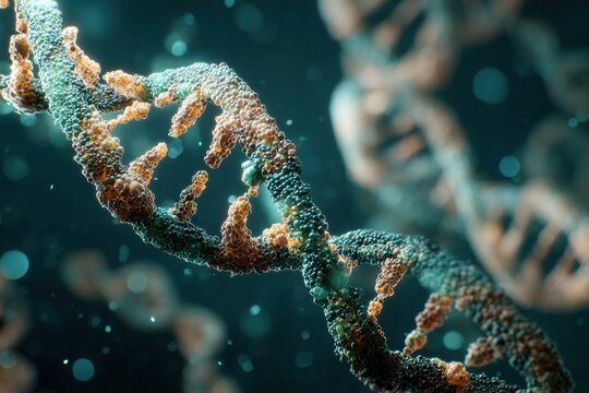 Microscopic view captures intricate structure of DNA double helix with detailed molecular components and vibrant coloration in a scientific representation