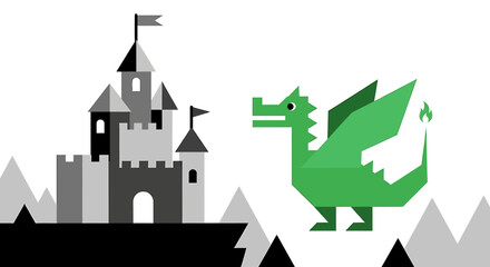 Naklejka premium Green dragon guarding a fairytale castle in a fantasy landscape with mountains