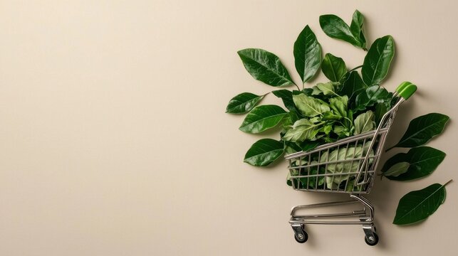 Shopping cart filled with fresh greens and leafy plants against a neutral background highlighting healthy lifestyle choices