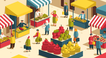 Vibrant isometric illustration of a bustling outdoor farmers market with diverse people shopping for fresh fruit and vegetables