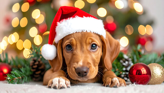 santa claus puppy and christmas tree